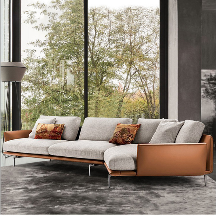 Sofá de cuero genuino minimalista de lujo ligero, sofá chaise longue de diseño moderno y sencillo para sala de estar, sofá chaise longue de forma irregular Napa, conjunto para apartamento grande image 4