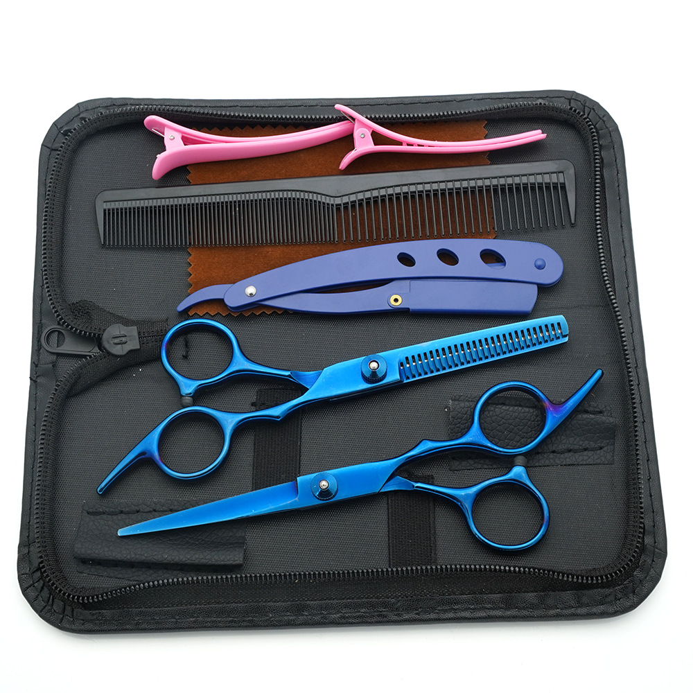 Tijeras de peluquería de 6 pulgadas, negras y doradas, con mango inclinado y de alta calidad, juego de tijeras de peluquería al por mayor para cortar el cabello.