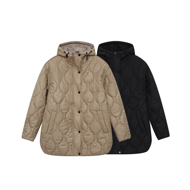 Za Cross-Border 2025 Autumn and Winter New Commuter Versatile Stand-Up Collar Flap Pocket Pants Decorated with Diamond Hooded Waterproof Cotton Jacket for Women