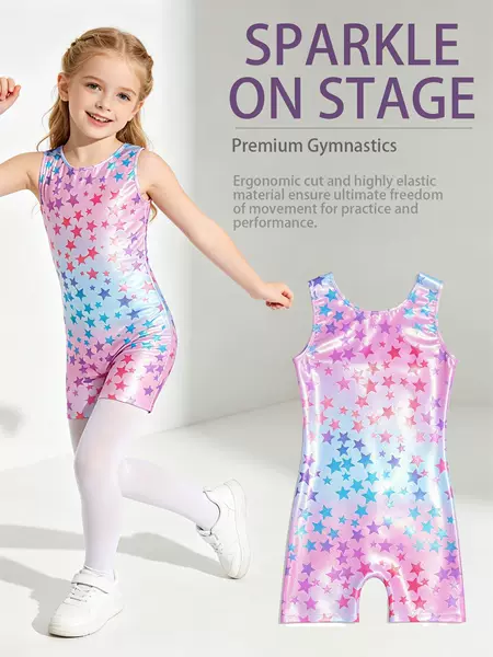 2026 New Model Cross-Border Girls' Gymnastics Leotard with Shiny Star Print, One-Piece Practice Outfit, Quick-Dry and High Elasticity
