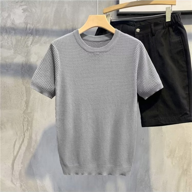 Verano nuevo estilo europeo y americano delgado suéter de punto de manga corta camiseta de negocios moda cuello redondo rayas comercio exterior envío transfronterizo