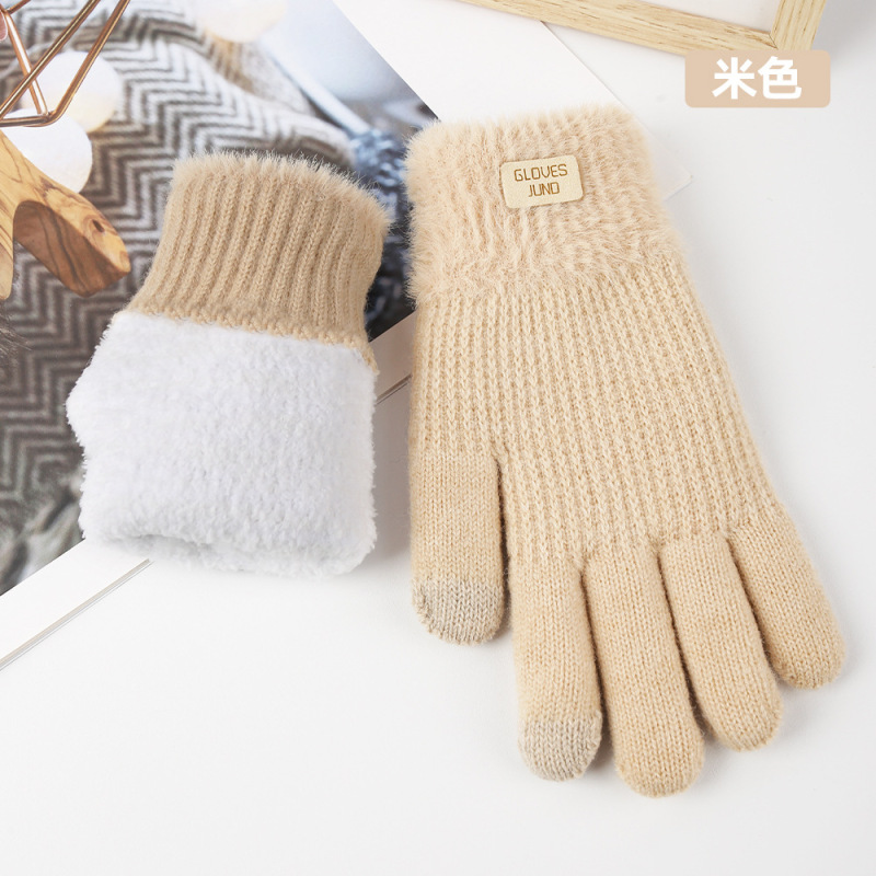 秋冬の女性用クロスボーダーニット手袋、二重層ベルベット、厚く暖かいウール、防寒タッチスクリーン手袋|undefined
