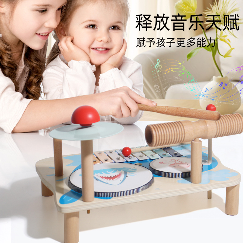 Estación de música multifuncional de madera para niños pequeños, batería de educación temprana para bebés, combinación de música Montessori, juguete de iluminación de percusión