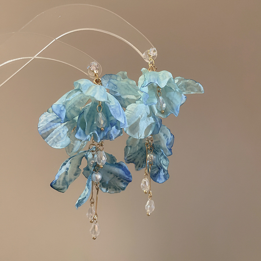 Aguja de plata, tela de circón, flores, borlas, pendientes de perlas, pendientes de estilo de vacaciones junto al mar, pendientes de todo fósforo, sentido de clase alta de nicho