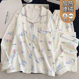 冬季新款睡衣女印花德绒翻领开衫长袖长裤甜美保暖家居服套装