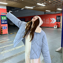 韩版菱格棉服女2025冬季新款羊羔毛翻领短款轻薄小棉袄外套