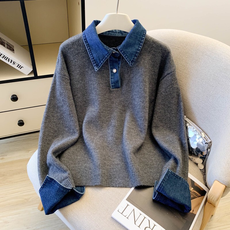 Fake two-piece denim patchwork polo-neck sweater for women, 2026 autumn/winter collection, plus-size, designed to create a slimming effect, casual knit top