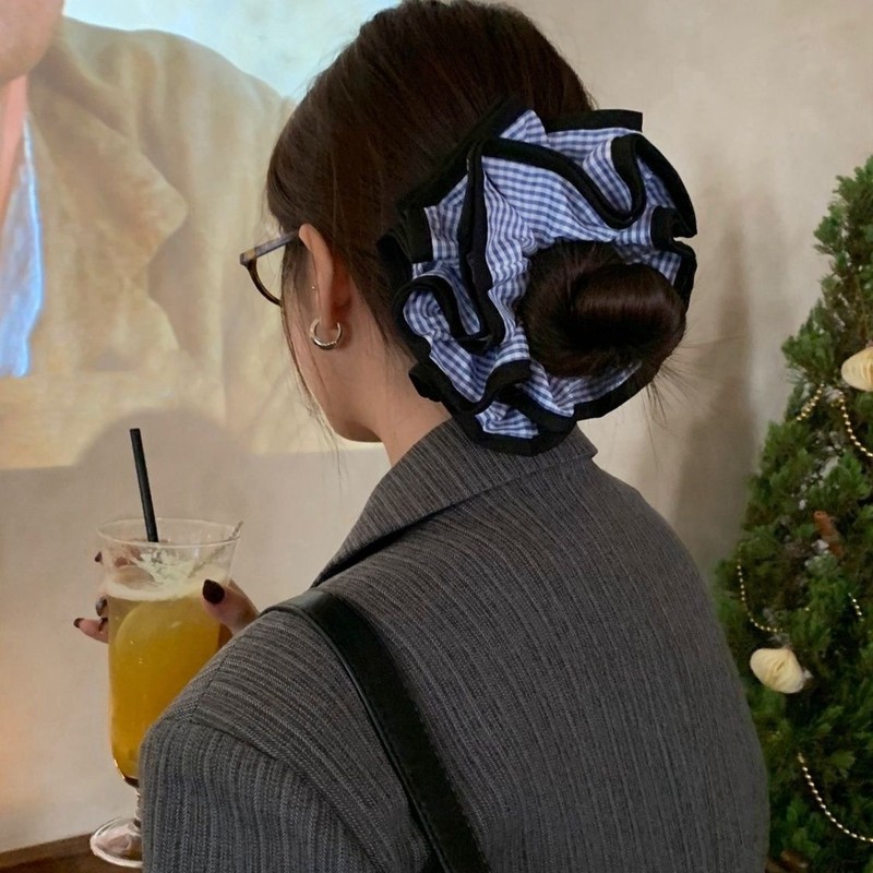 4層ブルーチェック柄ヘアゴム、おしゃれブロガーと同じローポニーテールヘアロープ、ローポニーテールヘアアクセサリー|undefined
