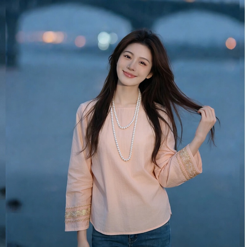 2026 New Style Warm Pink Chinese Style Round Neck Shirt with Heavy Bead Embroidery on the Cuffs, Glossy Tencel Top, Women's Sun Protection Shirt 2026 New Style Warm Pink Chinese Style Round Neck Shirt with Heavy Bead Embroidery on the Cuffs, Glossy Tencel Top, Women's Sun Protection Shirt