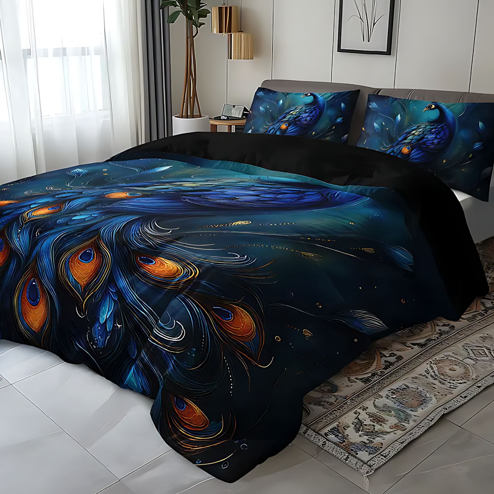 TEMU / JIT ropa de cama transfronteriza esponjosa cubierta de colchón conjunto de lujo moderno peacock impresión digital HD