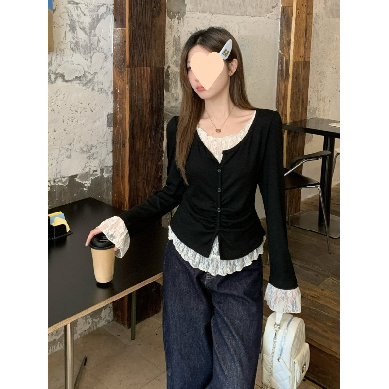 大きいサイズのカジュアルで高級感のある女性用レース長袖シャツ、春の偽ツーピースボトムシャツ、太った肉をカバーして痩せるトップス|undefined