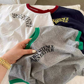 2025夏季新款儿童短袖T恤男女童韩版字母印花纯棉撞色洋气上衣潮