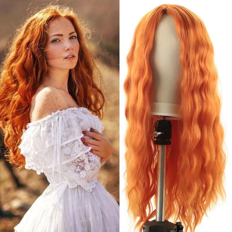 Cross-Border European and American Women's Wig, Medium-Parted Water Ripple Long Curly Hair, Bright Orange High-Temperature Silk Machine-Made Wig Headgear