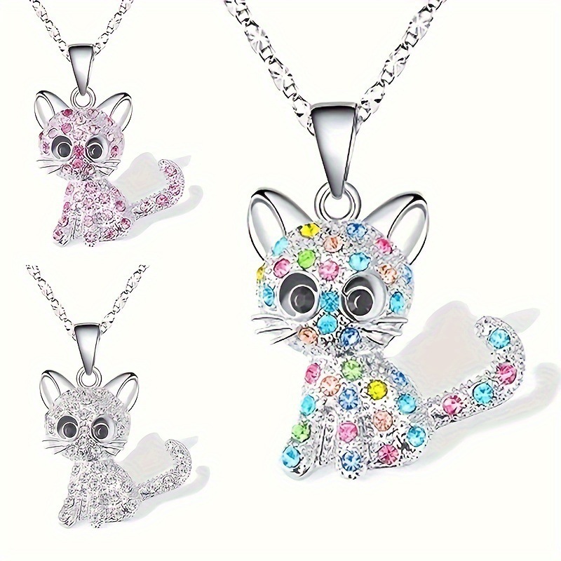Cross-Mirror Amazon Cute Cat Pendant Simple Cartoon Colorfulful Personalized Animal Cat Diamond Necklace for Women