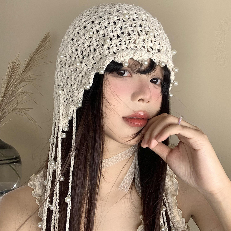 波西米亚风针织套头帽镂空珍珠流苏吊坠包头帽女夏季复古显脸小帽|undefined