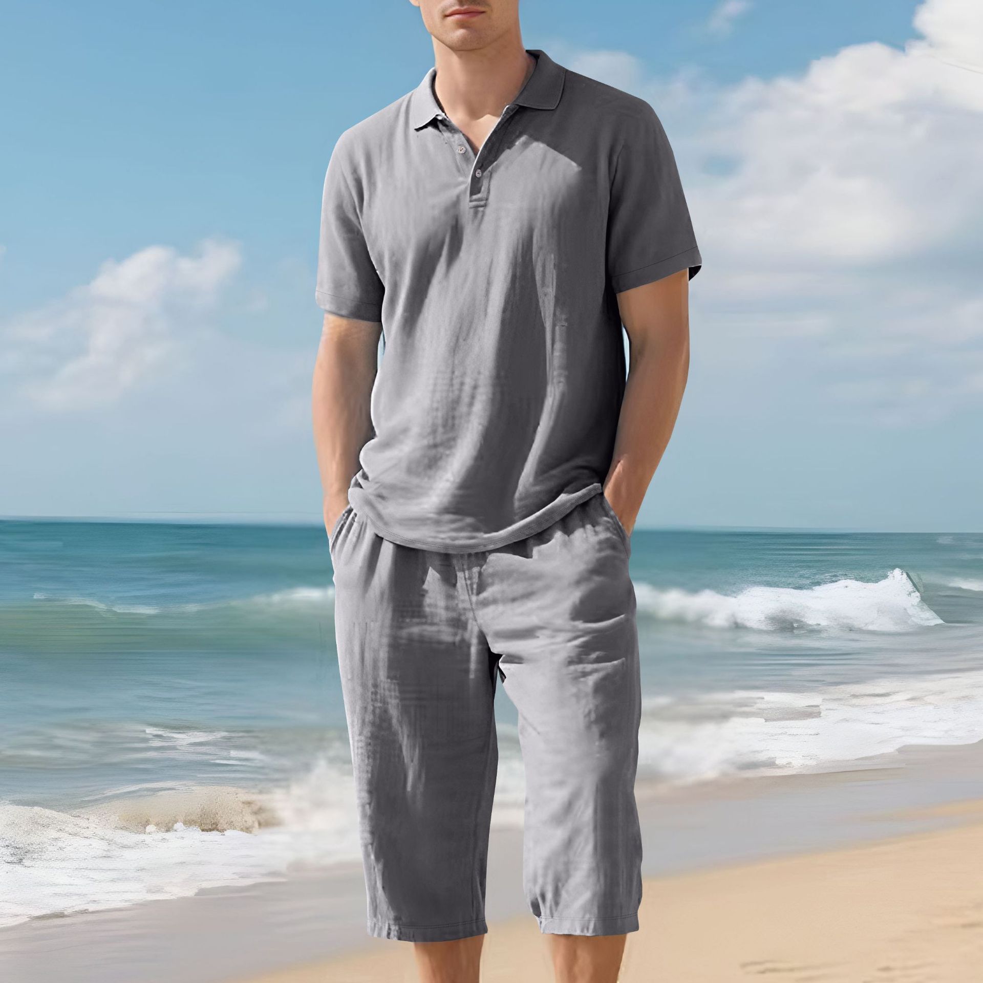 Transfronterizo Amazon Europa y América verano hombres sueltos casual lino transpirable camisa POLO traje de pantalón corto con mangas de playa