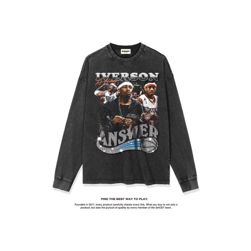 Iverson American Star camiseta hip-hop de la calle impresión de moda retro hacer viejo lavado pesado cuello redondo manga larga