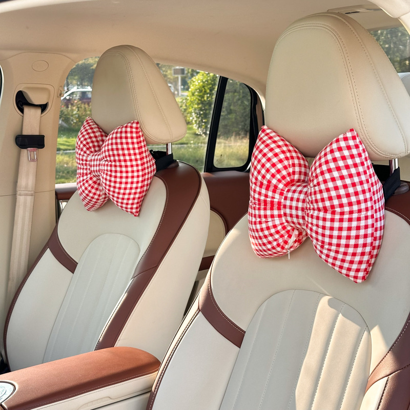2026 New Car Accessories Cotton Butterfly-Shaped Small Checkered Red Headrest and Lumbar Support