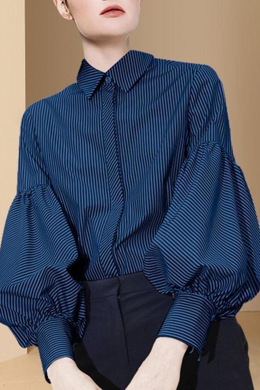 Striped Shirt Women's 2025 Autumn and Winter New French Retro Design Niche Outer Top Lantern Sleeve Shirt
