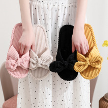 跨境蝴蝶结开口女士秋冬室内外厚底保暖毛绒月子鞋一字开口棉拖鞋