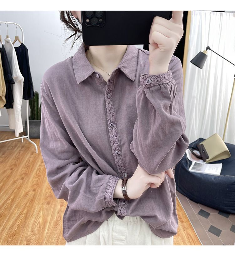 Camisa retro de algodón y cáñamo de color liso para mujer, primavera/verano 2024, nueva camisa holgada de manga larga con encaje y panel de encaje._voghion.com