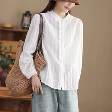 韩系刺绣全棉衬衫女2025春款木耳花边立领长袖衬衣气质绣花上衣