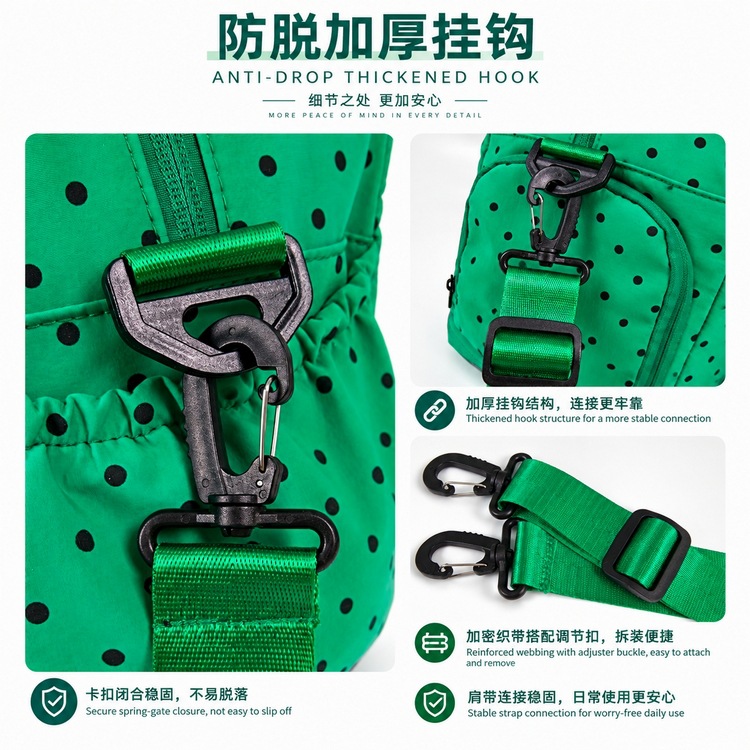Green Base Black Dot Travel Bag, Large Capacity, Tote and Strap