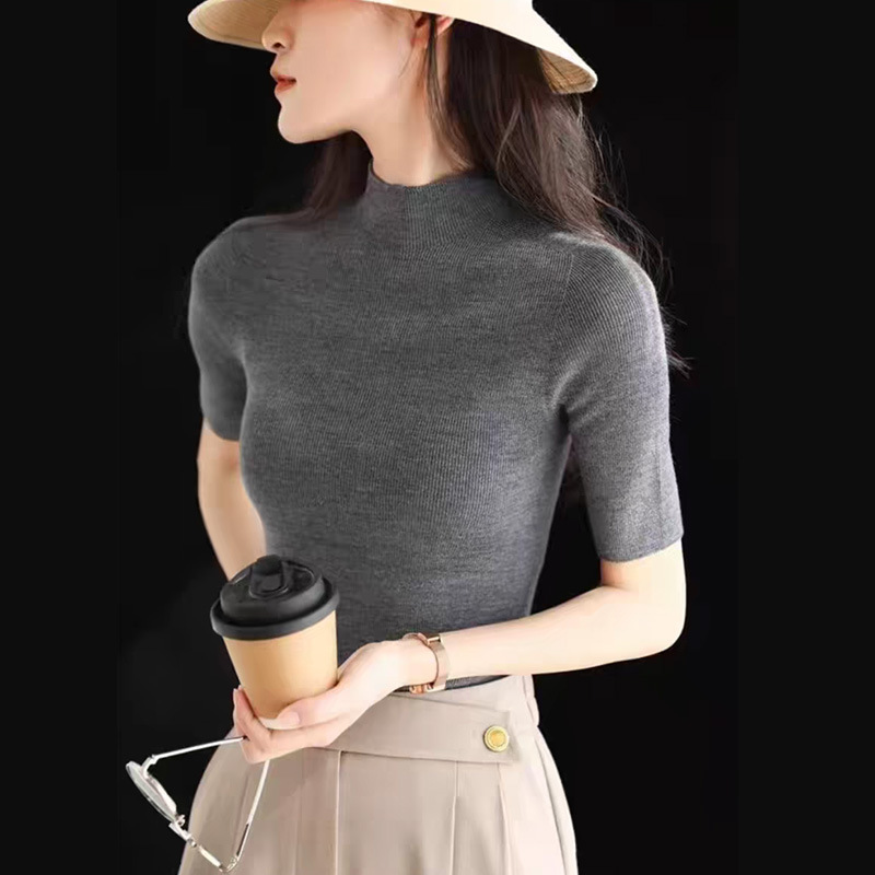 Machine washable 100% wool knitted short-sleeved nylon yarn T-shirt, women's top, seamless high neck, mid-sleeve base layer.