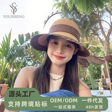 夏季草帽女简约时尚沙滩蝴蝶结防晒帽子度假蕾丝编织显脸小遮阳帽