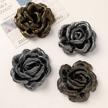 韩国轻奢亮丝银黑色灼边布艺山茶花DIY手工发饰服装辅料饰品配件