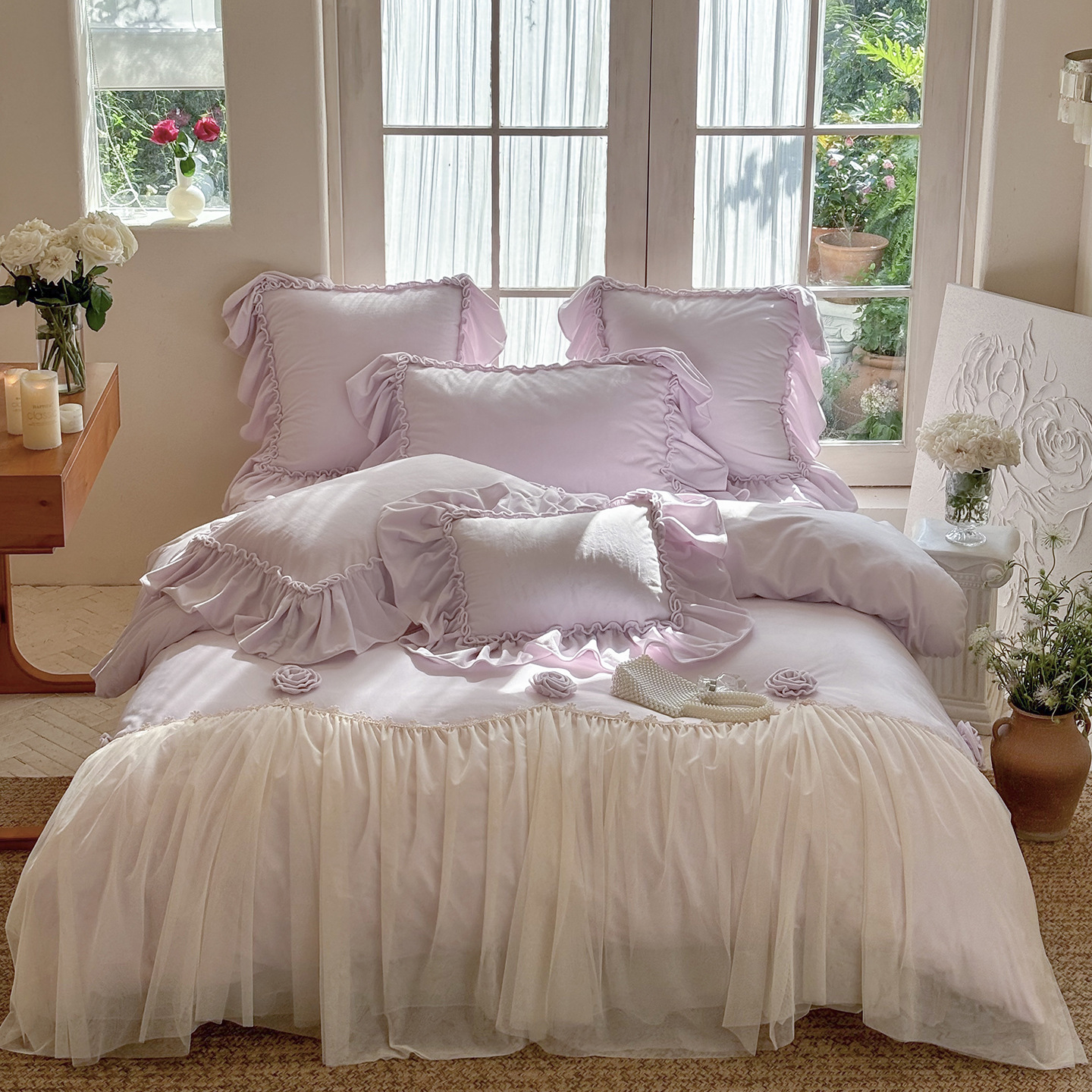 Girly Heart 2025 New French Baby Velvet Three-Dimensional Flower Lace Bed Sheet Bed Cover Four-Piece Set Red Rose