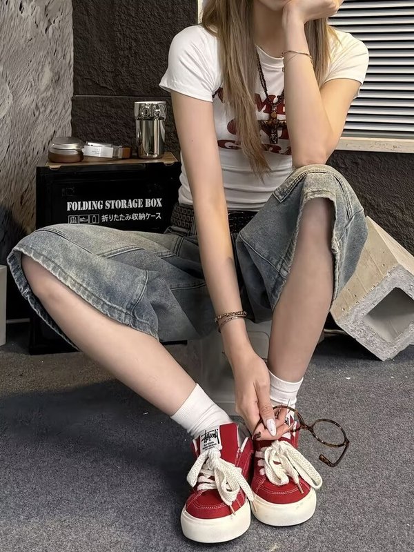 美式水洗做旧牛仔七分短裤女夏季高街宽松阔腿显瘦大码直筒中裤子|undefined