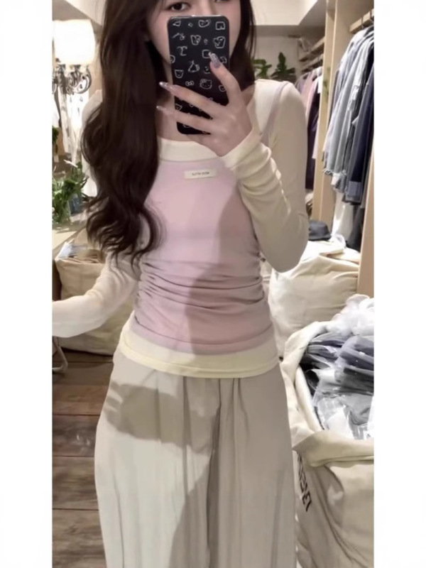 韓国 2025 春夏レディース甘いコントラストカラーベストボトム長袖 Tシャツリアルツーピーススーツ日焼け止めトップ|undefined