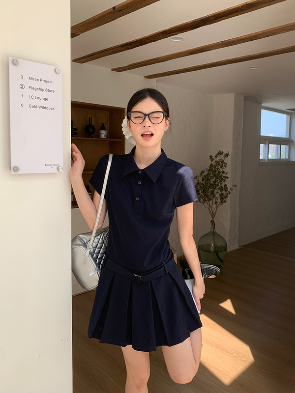 宋正恩学院风polo领连衣裙女夏季高腰小个子高级绝美a字百褶短裙|undefined