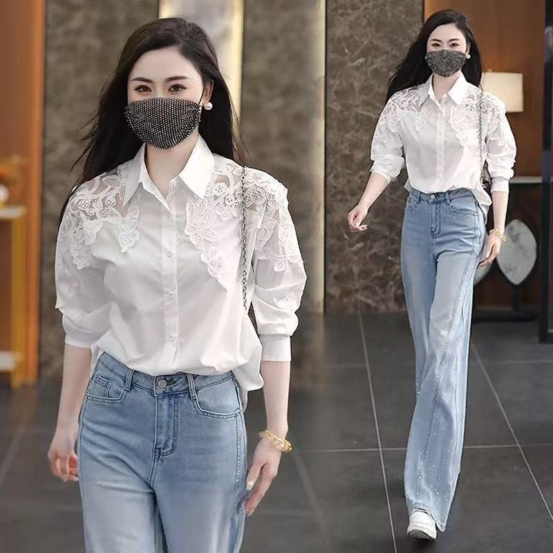 White Lace Shirt Women's Long-Sleeved 2025 Spring and Summer Thin Versatile Accessible Luxury Age-Reducing Loose Elegant Top