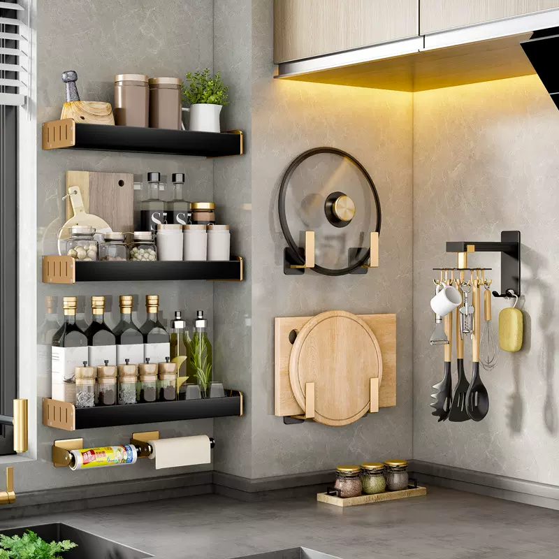 厨房置物架壁挂式免打孔轻奢黑金太空铝挂件刀架砧板调料收纳挂架
