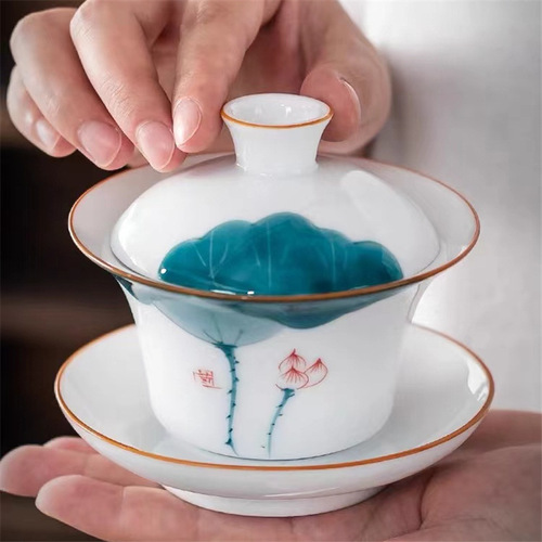 Lapis Lazuli Hand-painted White Porcelain Three Talents Cover Bowl with Hovering Bubble Tea Cup Single Large Size Ceramic Gongfu Tea Set