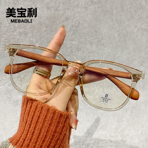 Japanese and Korean transparent TR3804 wood grain legs, small red book decorative frames, anti-blue light flat glasses with myopia