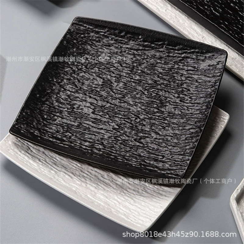 Stone‑pattern serving plates collection, multiple shapes (6–12") in white & black, thick edge