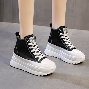 Genuine Leather 2021 Autumn and Winter Shoes Thick-soled High-top Sponge White Shoes for Students Korean Style Height Increasing Women's Shoes Trendy