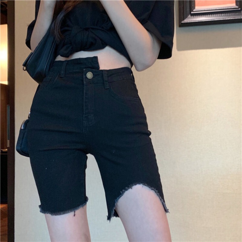 Summer 2025 New High-Waisted Five-Point Pants Casual Straight Slim Slim Pants Black Raw Edge Jeans for Women Summer 2025 New High-Waisted Five-Point Pants Casual Straight Slim Slim Pants Black Raw Edge Jeans for Women