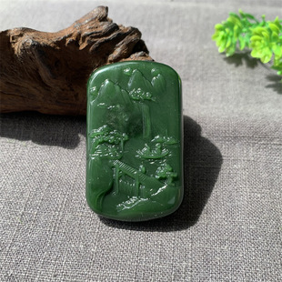 Natural Russian Hetian Jade Spinach Green Jasper Landscape Pendant Mountain and Flowing Water Exquisite Pendant Landscape Artistic Conception Brand