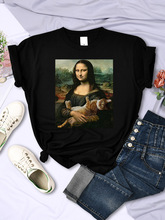 油画蒙娜丽莎和猫服装女性品牌o领T恤夏季软T恤时尚超大宽松的女