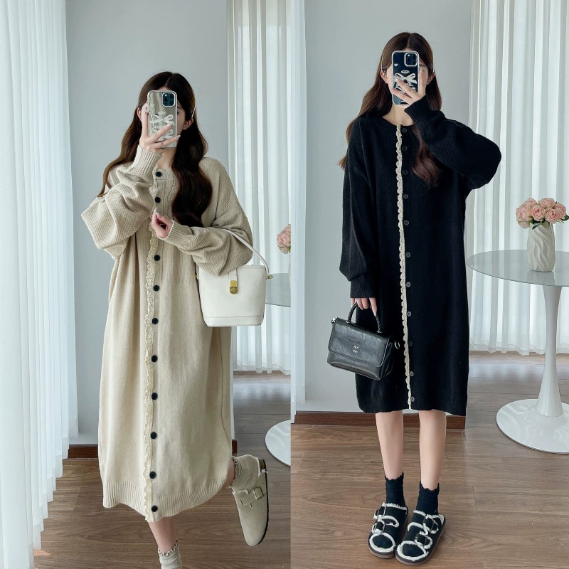 Платье для беременных осенью и зимой 2024 новый свободный тонкий модный прилив мама с длинными рукавами трикотажное платье для волос