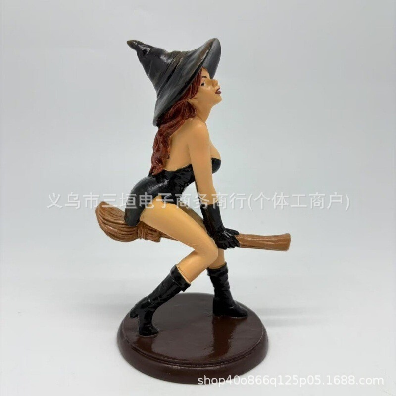 跨境新品万圣节Sexy Witch Bookshelf Statue骑魔法扫帚女巫雕像|undefined