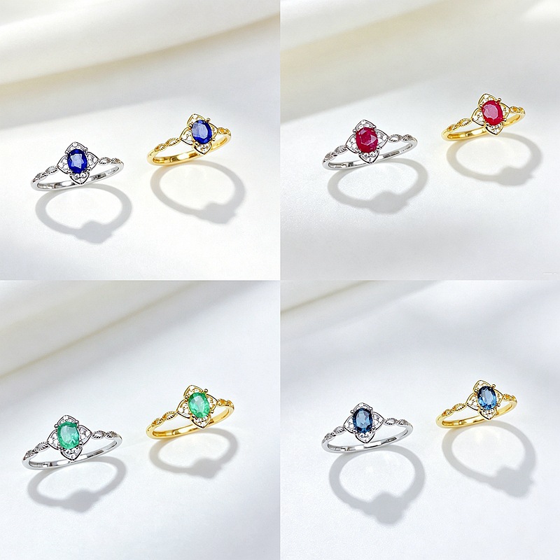 New S925 sterling silver ring inlaid with natural diopside, sunstone, and other gemstones, exquisite, compact, fresh, and durable