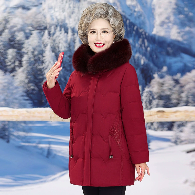 Средние и пожилые мамы одеваются пуховики средней и длинной зимой новая бабушка вышитый лиса шерстяной воротник 90 белая утка пуховая куртка