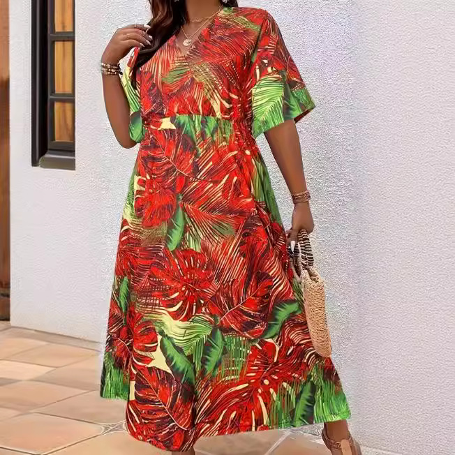 European and American foreign trade women's new elegant fashion waist staff towel big flower beach short sleeve intersection bag dress