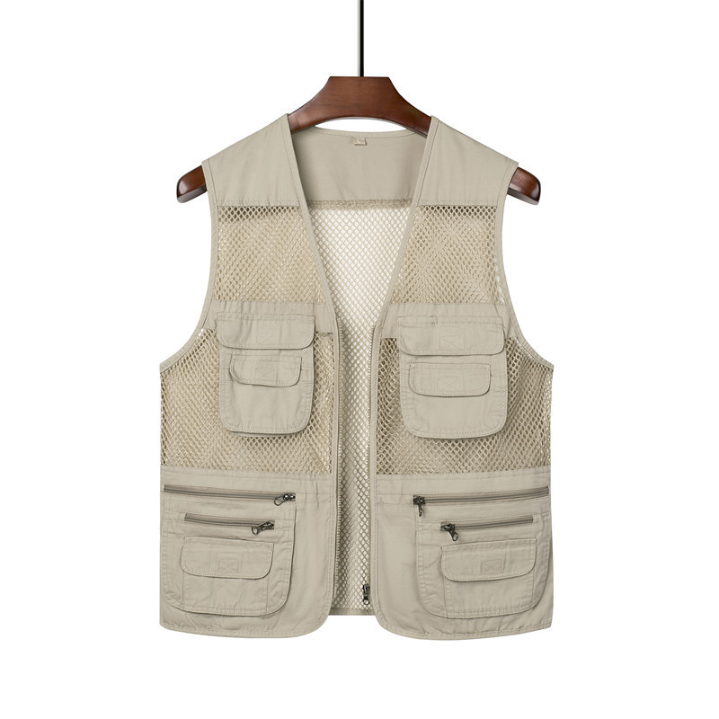 Men's Thin Hollow-Out Fishing Photography Fisherman Breathable Summer Mesh Vest Pure Cotton Middle-Aged Multi-Pocket Vest