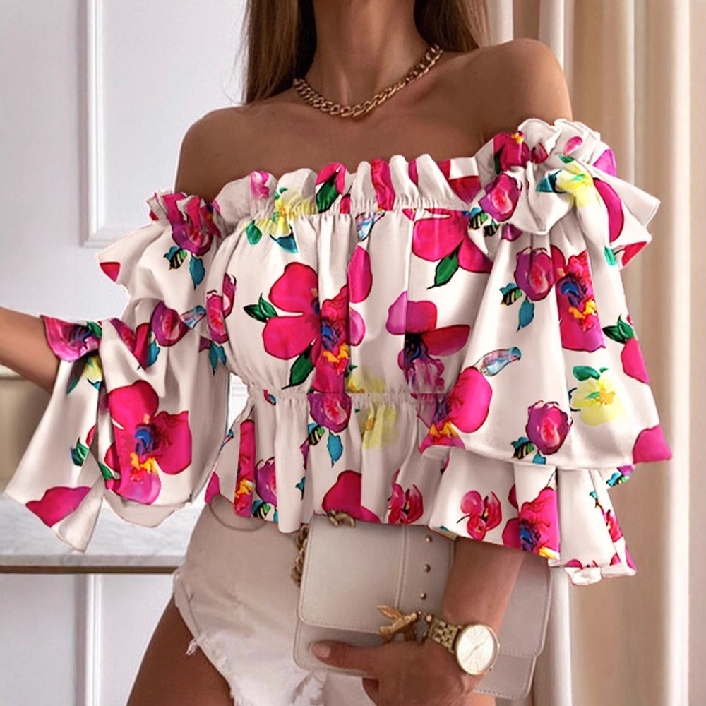 Camisa plisada de un solo hombro de nueva moda europea y americana para mujer, versátil, moderna, antiarrugas, de manga corta, diseño de hombros descubiertos de estilo americano